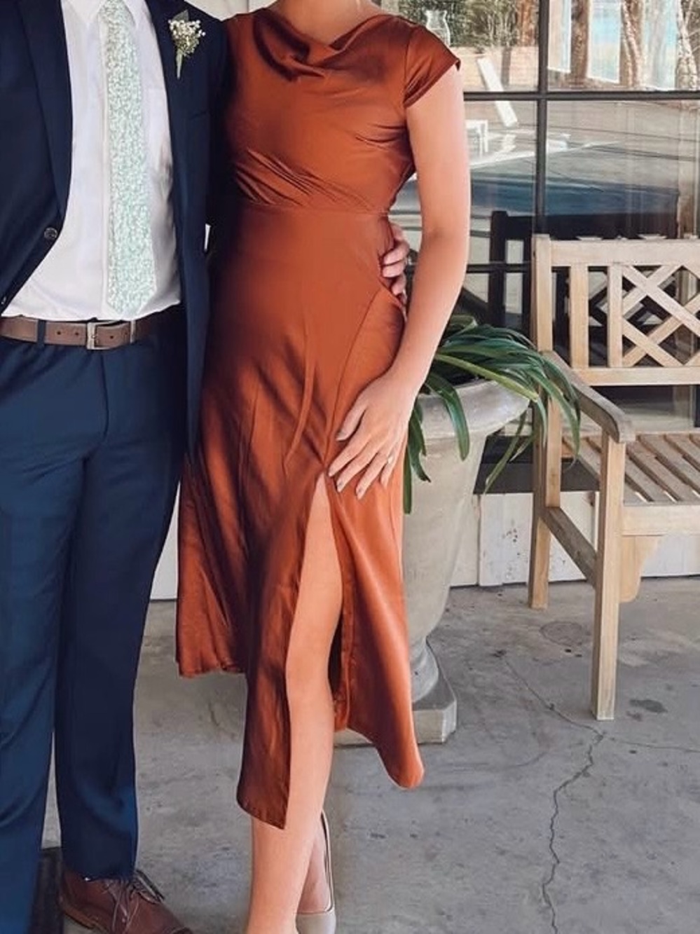 Copper Satin Cowl Midi Dress with Front Slit